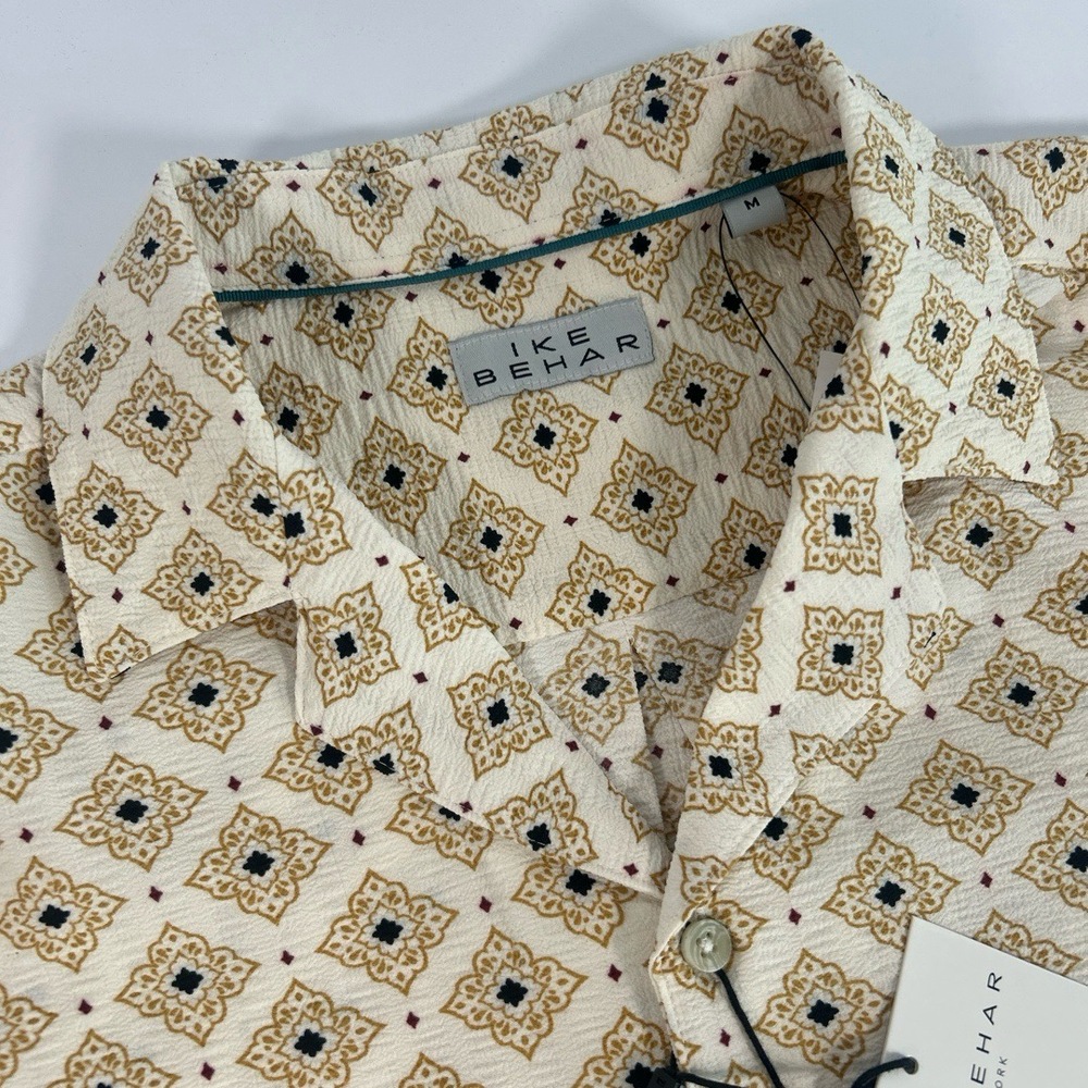 NWT IKE BEHAR Mens Medium Cream Geometric Short Sleeve Button Down Shirt